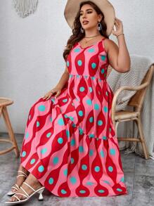 SHEIN VCAY Đầm Plus Size Viên lá sen Tất cả trên in Giải trí - Màu Hồng Tươi - Xem 6