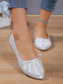 女士水鑽和人造珍珠裝飾一腳蹬平底鞋,魅力四射戶外芭蕾舞鞋 - 銀色 - 查看 1