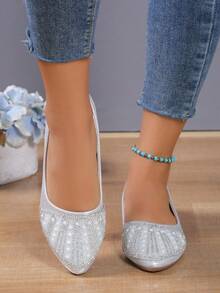 女士水鑽和人造珍珠裝飾一腳蹬平底鞋,魅力四射戶外芭蕾舞鞋 - 銀色 - 查看 2