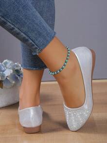 女士水鑽和人造珍珠裝飾一腳蹬平底鞋,魅力四射戶外芭蕾舞鞋 - 銀色 - 查看 3