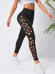 Easithlete 鏤空寬腰帶運動打底褲 - 黑色 - 查看 4