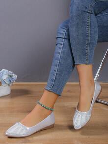 女士水鑽和人造珍珠裝飾一腳蹬平底鞋,魅力四射戶外芭蕾舞鞋 - 銀色 - 查看 4