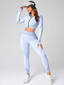 Yoga Basic Seamless Zip Front Jacket & Leggings Sports Set - Grey - View 2