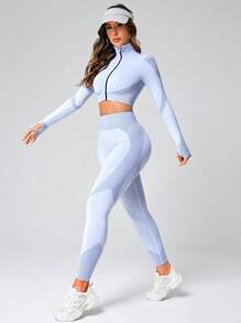 Yoga Basic Seamless Zip Front Jacket & Leggings Sports Set - Grey - View 5