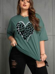 INAWLY 大碼豹紋和心形印花落肩T恤 - 墨綠色 - 查看 1