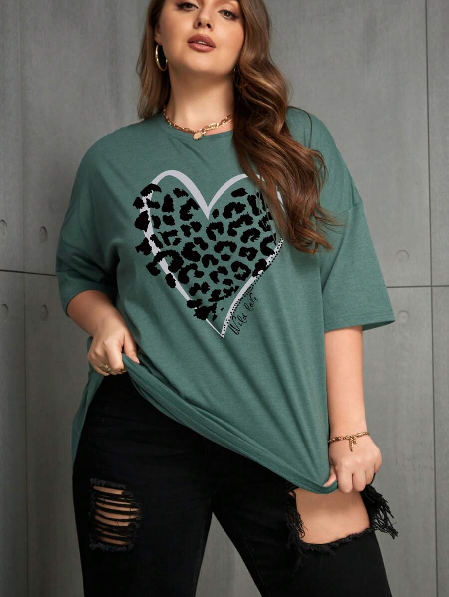 INAWLY 大碼豹紋和心形印花落肩T恤 - 墨綠色 - 查看 1