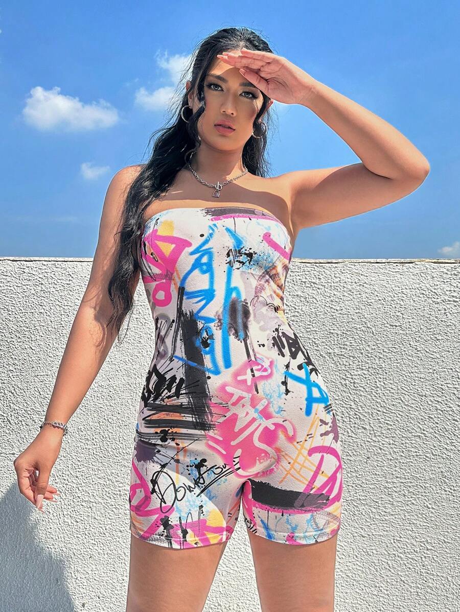 SHEIN Coolane Plus Graffiti Print Tube Romper - Multicolor - View 1