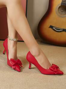 時尚紅色高跟鞋適合女士,蝴蝶結裝飾尖頭高跟淺口高跟鞋 - 紅色 - 查看 2