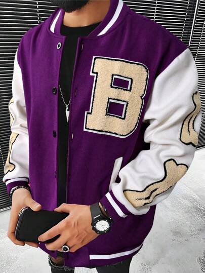 Guys Letter Patched Striped Trim Colorblock Drop Shoulder Varsity Jacket