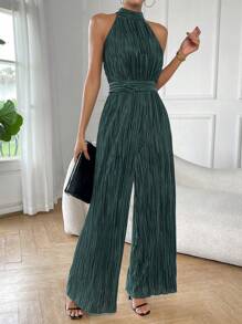 Firerie Solid Halter Neck Wide Leg Plisse Jumpsuit - Dark Green - View 3
