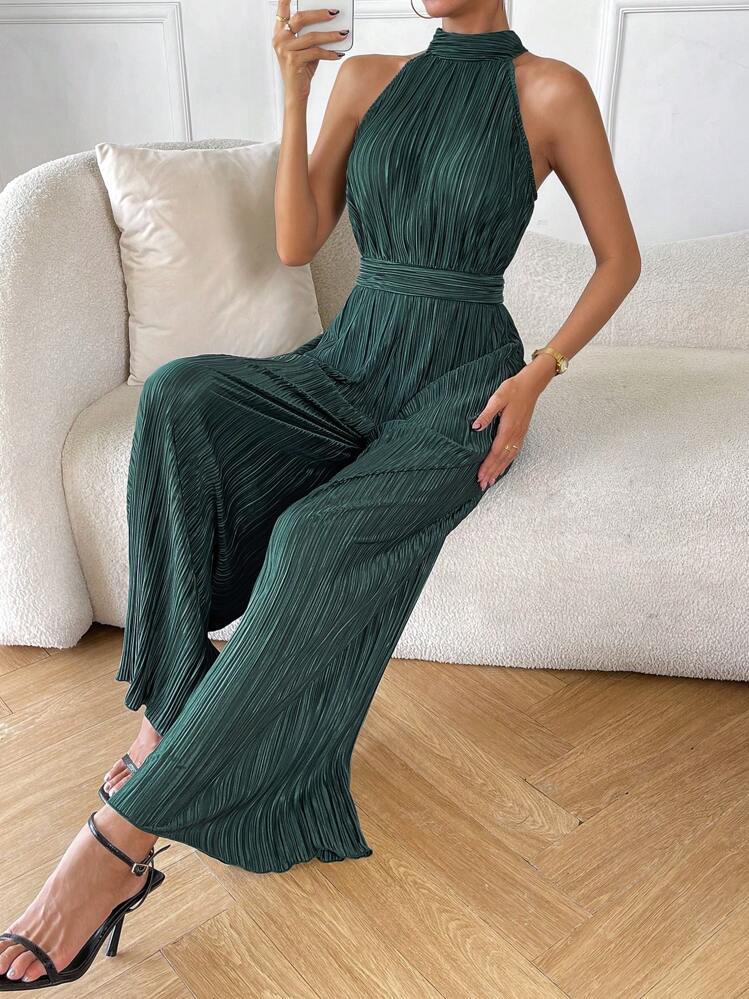 Firerie Solid Halter Neck Wide Leg Plisse Jumpsuit - Dark Green - View 5