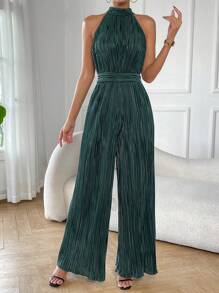 Firerie Solid Halter Neck Wide Leg Plisse Jumpsuit - Dark Green - View 7