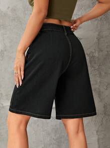 SHEIN ICON Top-stitching Flap Pocket Bermuda Denim Shorts - Black - View 2