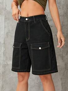 SHEIN ICON Top-stitching Flap Pocket Bermuda Denim Shorts - Black - View 3