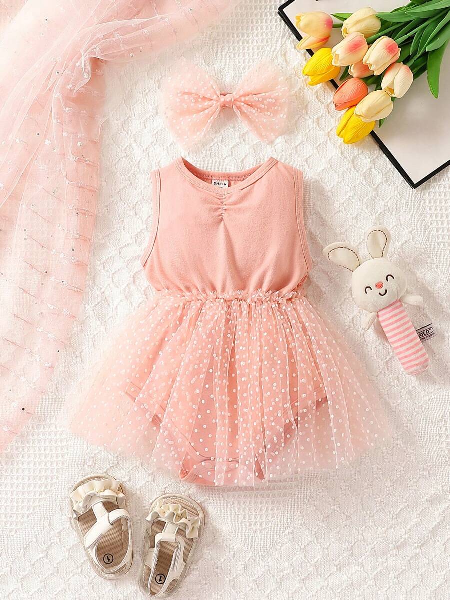 Baby Girl Contrast Dobby Mesh Ruched Bodysuit & Headband