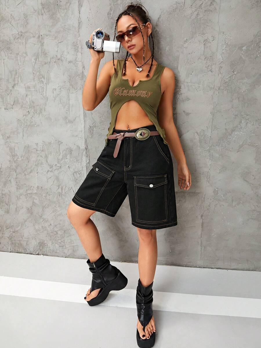 SHEIN ICON Top-stitching Flap Pocket Bermuda Denim Shorts - Black - View 1