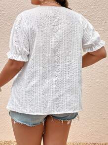 SHEIN VCAY Plus Contrast Lace Puff Sleeve Blouse - White - View 2