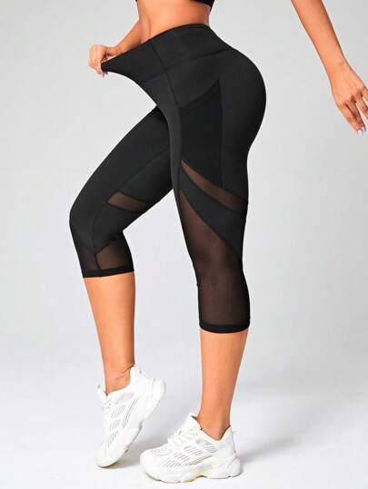 Slayform Contrast Mesh Capri Sports Leggings With Phone Pocket Yoga Women Pants