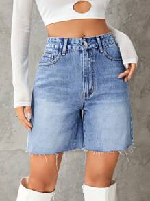 SHEIN EZwear High Waist Raw Hem Denim Shorts - Light Wash - View 1