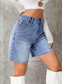 SHEIN EZwear High Waist Raw Hem Denim Shorts - Light Wash - View 3
