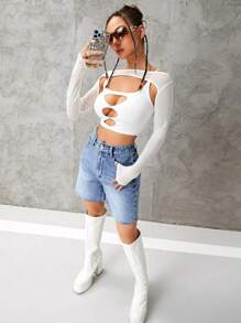 SHEIN EZwear High Waist Raw Hem Denim Shorts - Light Wash - View 4