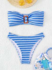 SHEIN Swim Women Bikini Sets Gesper Striped Lucu - Blue and White - View 1