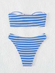 SHEIN Swim Women Bikini Sets Gesper Striped Lucu - Blue and White - View 2