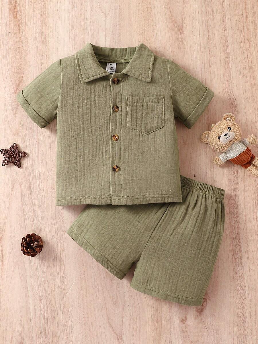 女嬰口袋貼布襯衫&短褲 - 軍綠色 - 查看 1