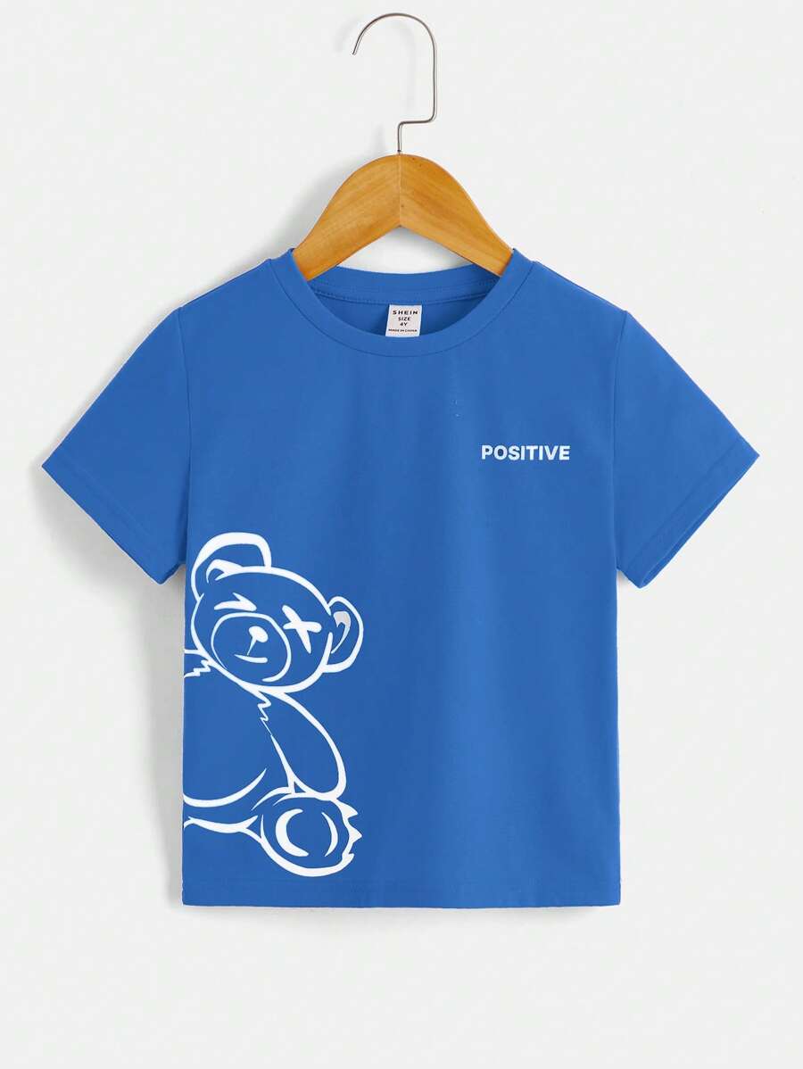 SHEIN 男小童熊和字母圖案T恤 - 藍色 - 查看 1