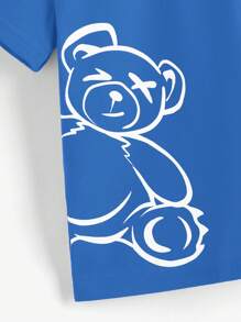 SHEIN 男小童熊和字母圖案T恤 - 藍色 - 查看 3