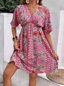 SHEIN VCAY Allover Print Batwing Sleeve Dress - Pink - View 1