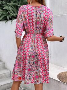 SHEIN VCAY Allover Print Batwing Sleeve Dress - Pink - View 2