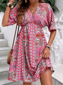 SHEIN VCAY Allover Print Batwing Sleeve Dress - Pink - View 3
