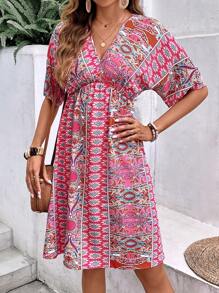 SHEIN VCAY Allover Print Batwing Sleeve Dress - Pink - View 4