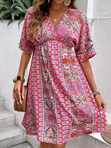SHEIN VCAY Allover Print Batwing Sleeve Dress - Pink - View 5