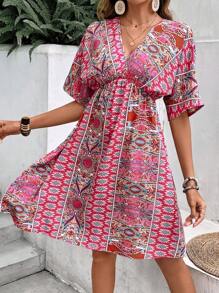 SHEIN VCAY Allover Print Batwing Sleeve Dress - Pink - View 6