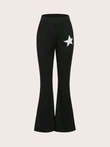 SHEIN Teen Girls Star Print Flare Leg Trousers - Black - View 5