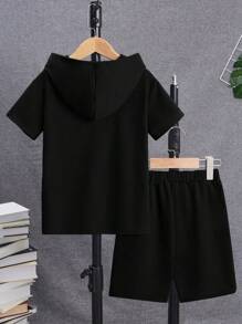 SHEIN 男孩翻蓋細節連帽T恤和短褲 - 黑色 - 查看 2
