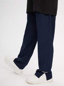 SHEIN Leap Crew Boys Letter Patched Split Hem Trousers - Navy Blue - View 2