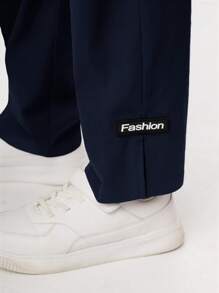 SHEIN Leap Crew Boys Letter Patched Split Hem Trousers - Navy Blue - View 4