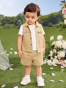 SHEIN Baby Flap Pocket Vest Jacket & Shorts & Tee - Multicolor - View 1