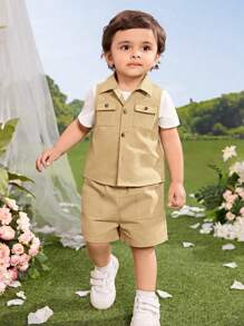 SHEIN Baby Flap Pocket Vest Jacket & Shorts & Tee - Multicolor - View 3