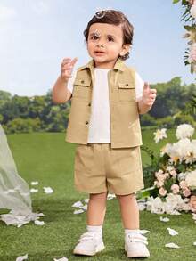 SHEIN Baby Flap Pocket Vest Jacket & Shorts & Tee - Multicolor - View 5