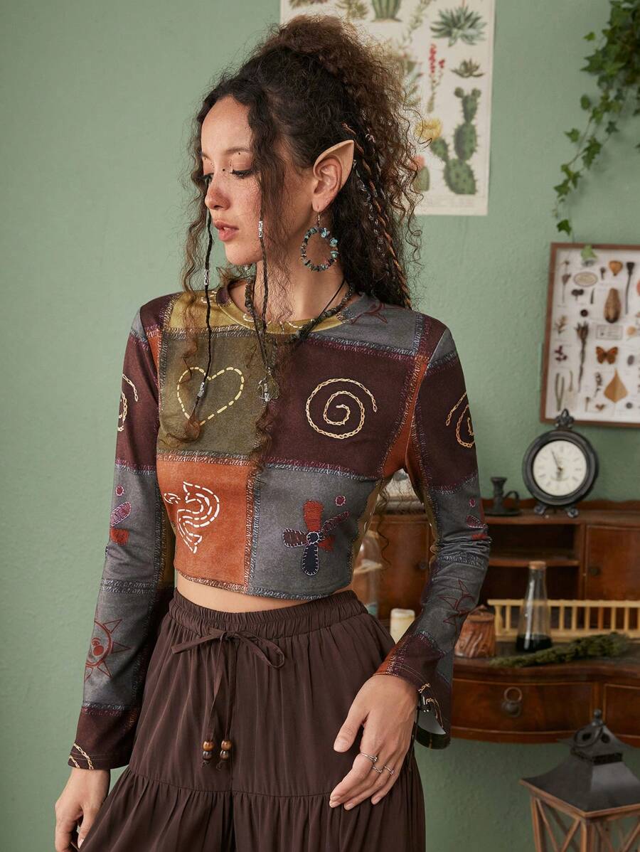 ROMWE Hippie In chắp vá Áo phông Crop - Nhiều màu - Xem 1