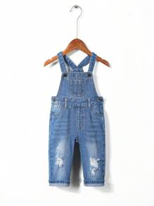 Peto Vaquero Rasgado Con Bolsillo Delantero Para Niña Bebé - Azul lavado medio - Ver 1