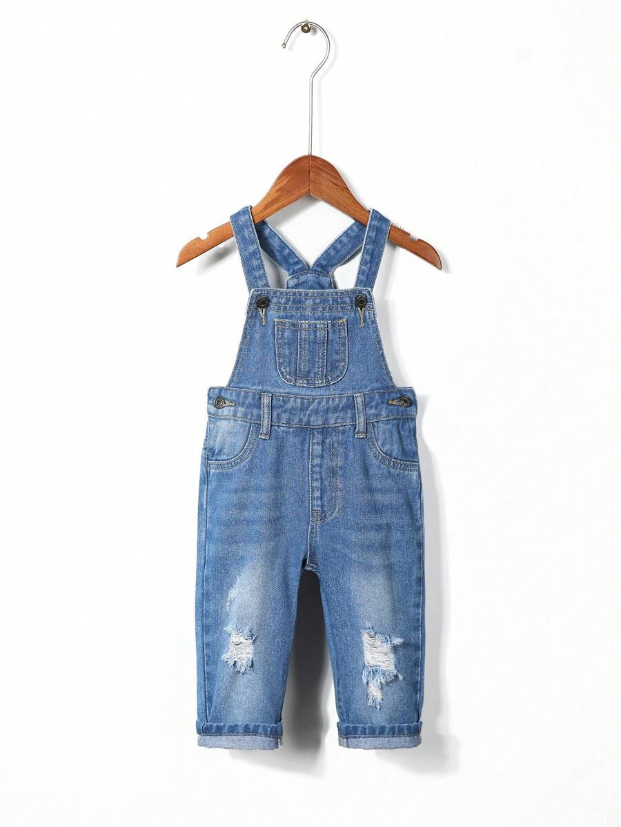 Peto Vaquero Rasgado Con Bolsillo Delantero Para Niña Bebé - Azul lavado medio - Ver 1