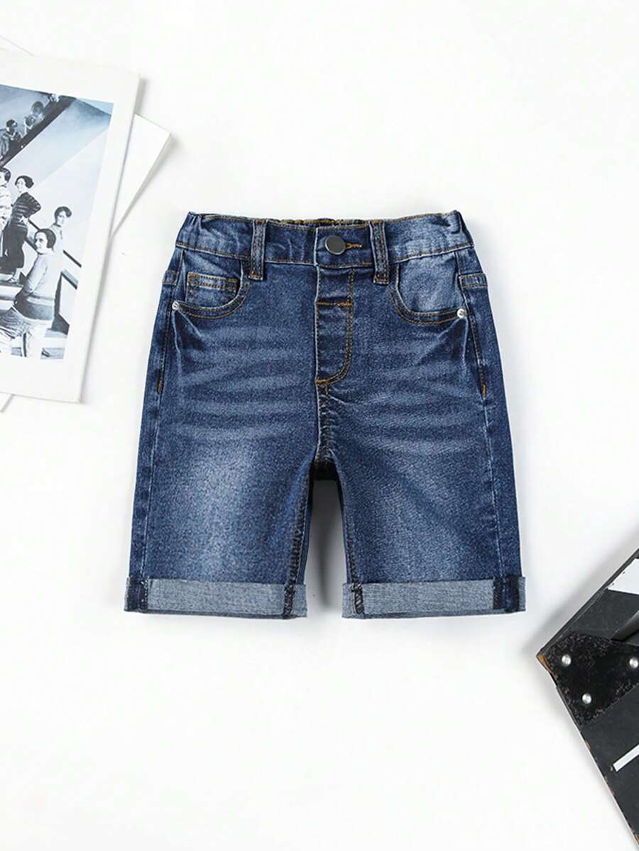 Young Boy Washed Roll Up Hem Denim Shorts, School, Campus, College Summer Holiday
