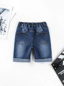 Young Boy Washed Roll Up Hem Denim Shorts, School, Campus, College Summer Holiday