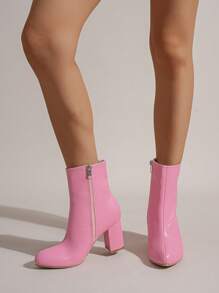 時尚經典靴適合女士,鱷魚壓紋側拉鏈粗時尚靴子 - 粉色 - 查看 2