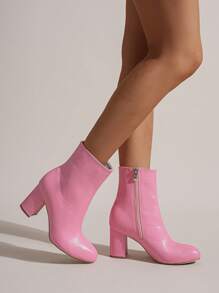 時尚經典靴適合女士,鱷魚壓紋側拉鏈粗時尚靴子 - 粉色 - 查看 3